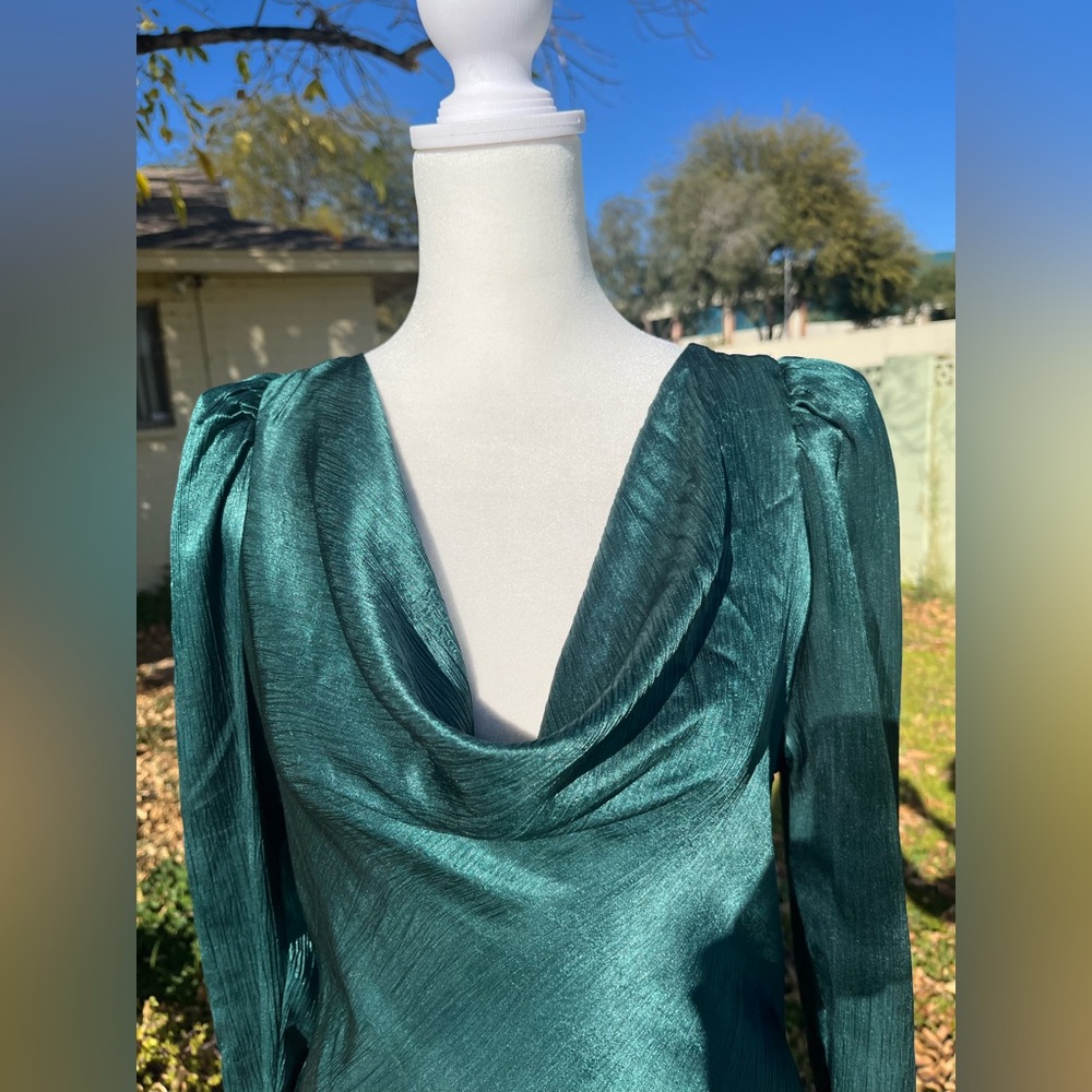 Anthropologie RAHI evening satin dress. Cowl neckline, long sleeves. Green. M - Picture 8 of 14